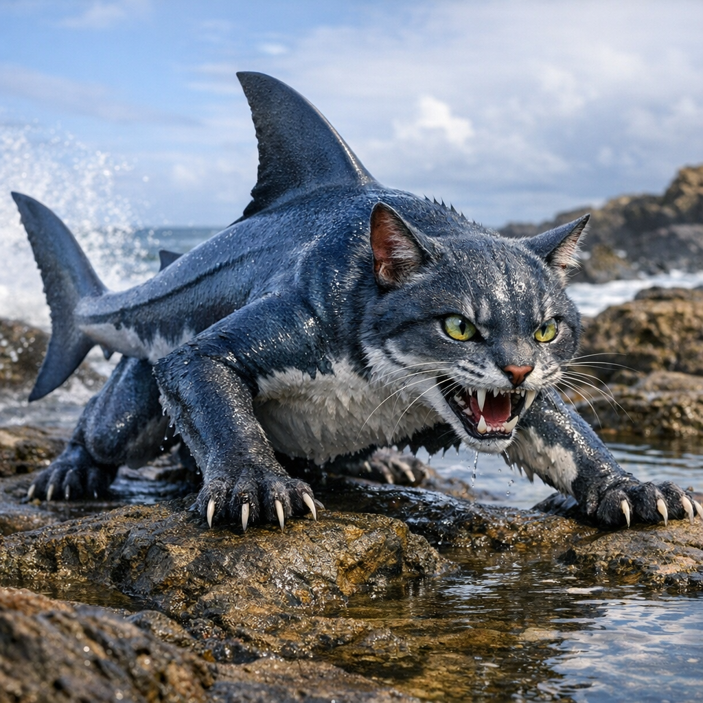 Sharkat, an AI-generated hybrid of Shark and Cat