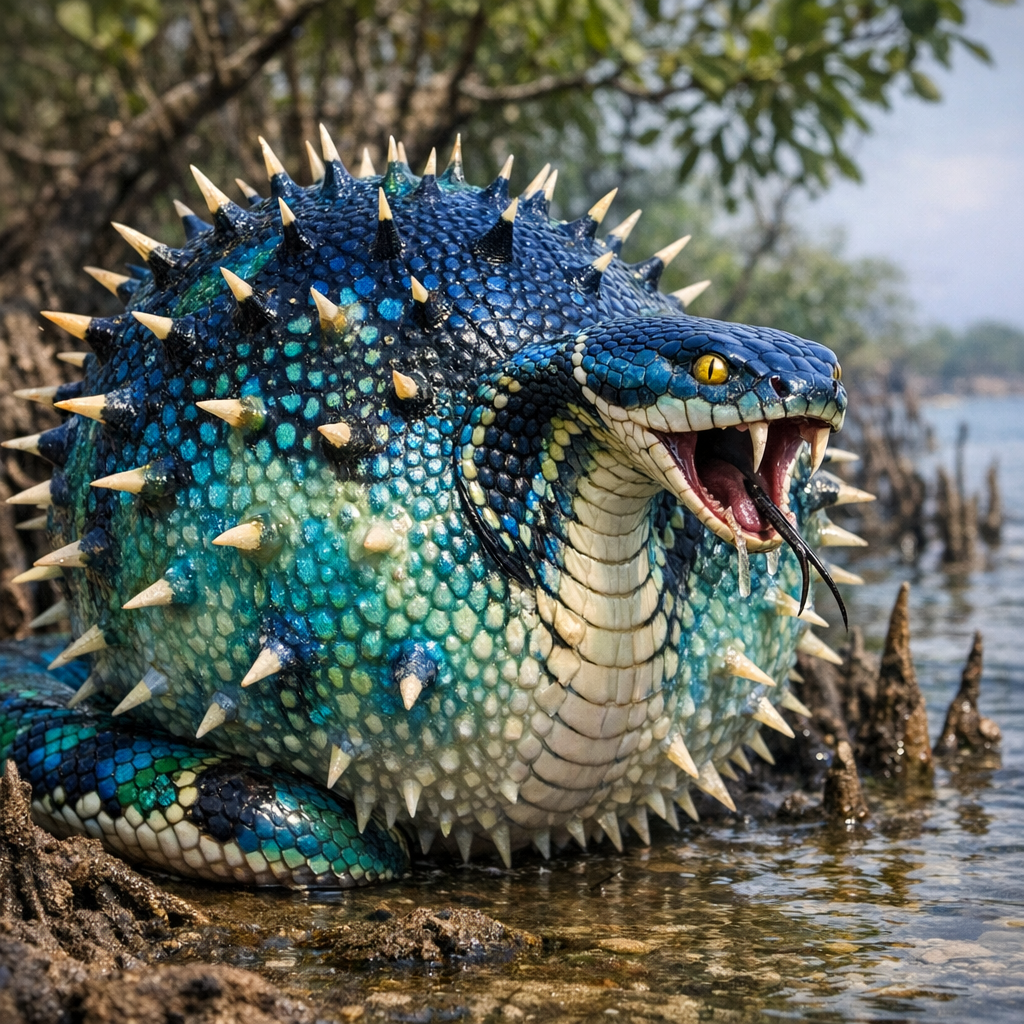 Puffcobra, an AI-generated hybrid of Puffer Fish and Cobra