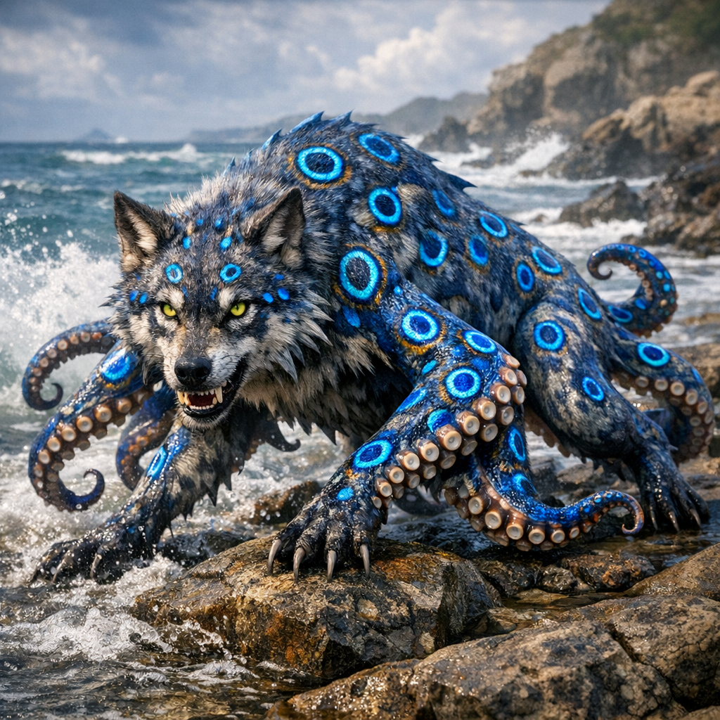 Lupocto, an AI-generated hybrid of Wolf and blue ring octopus
