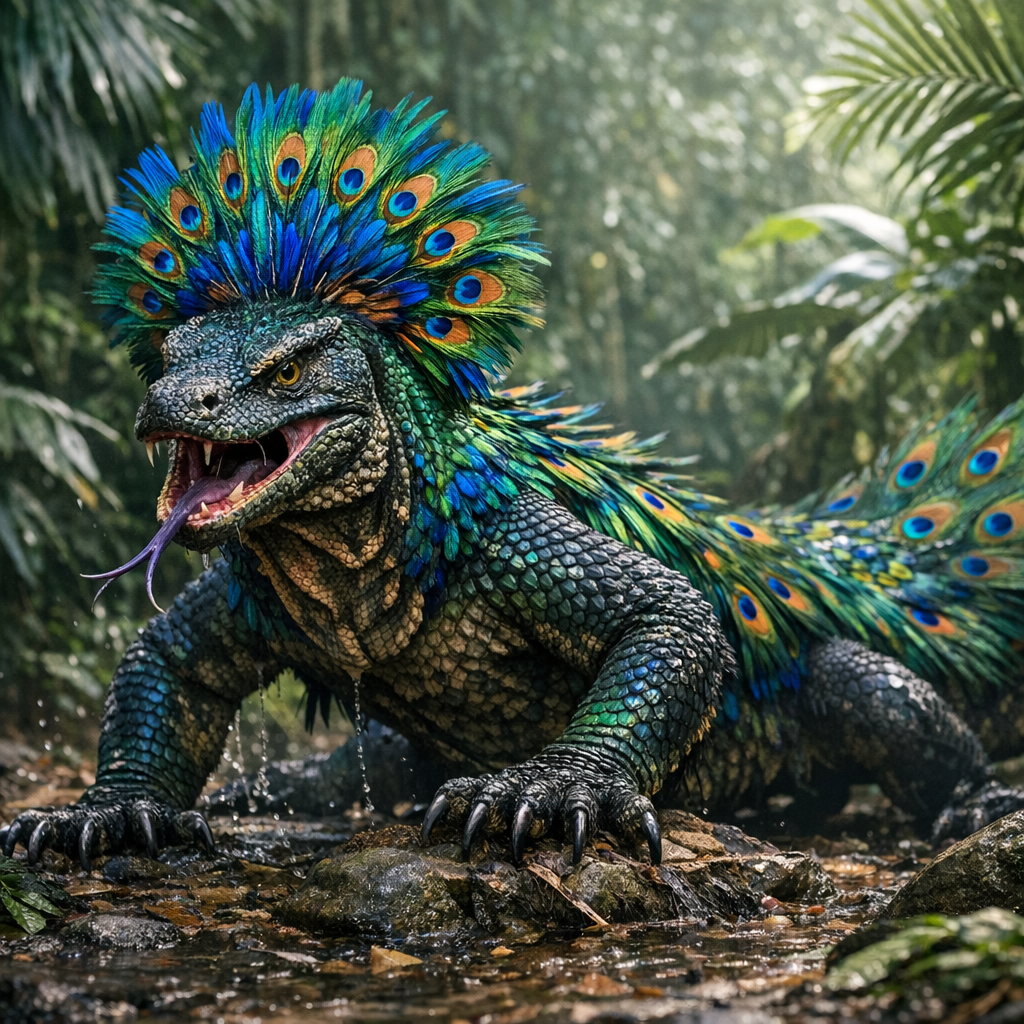 Peckodo Dragon, an AI-generated hybrid of Peacock and Komodo Dragon