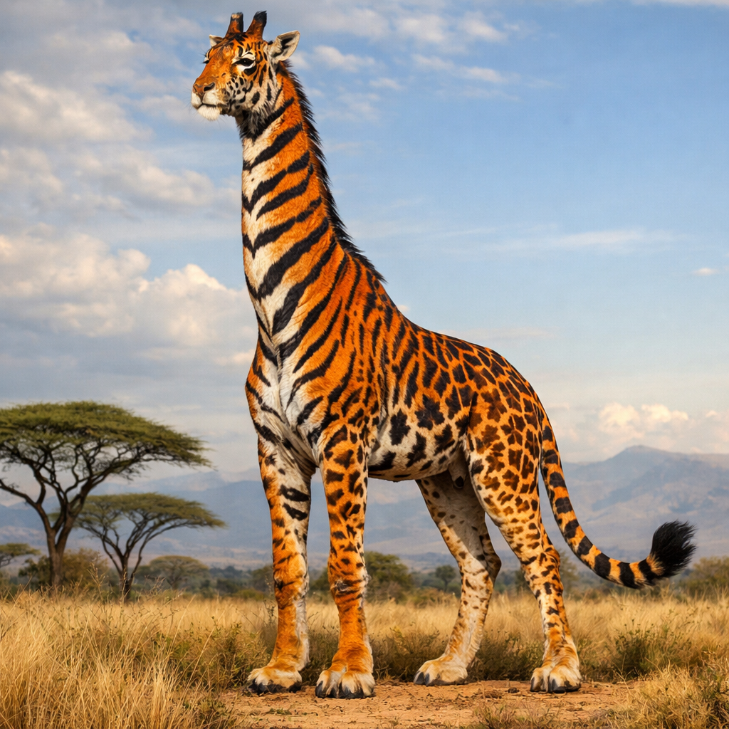 Tigaffe, an AI-generated hybrid of Tiger and Giraffe