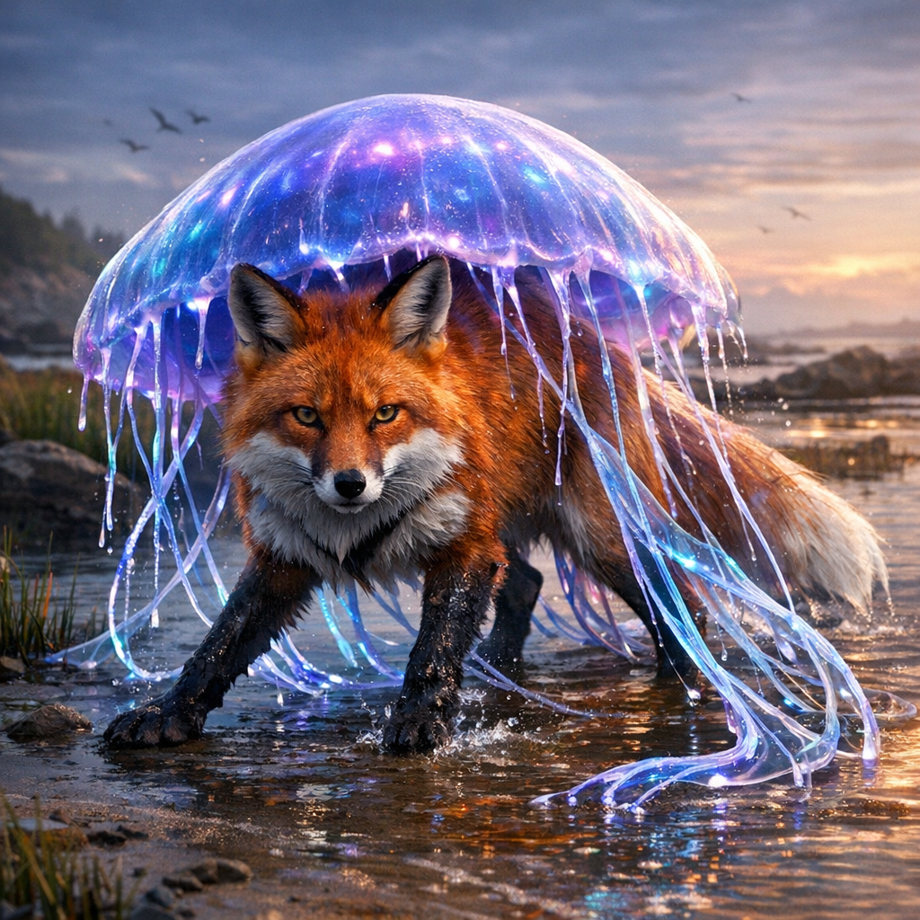 Foxjelly, an AI-generated hybrid of Fox and Jellyfish