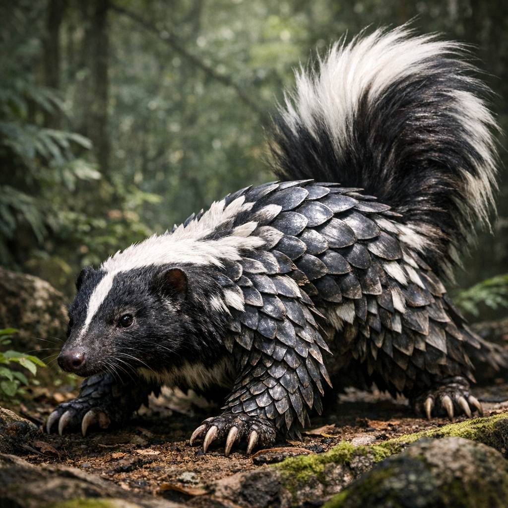 SkunGolon, an AI-generated hybrid of Skunk and Pangolin