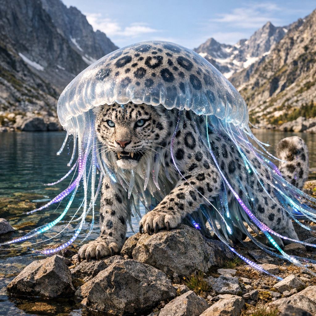 Jellyleopard, an AI-generated hybrid of Jellyfish and snow leopard