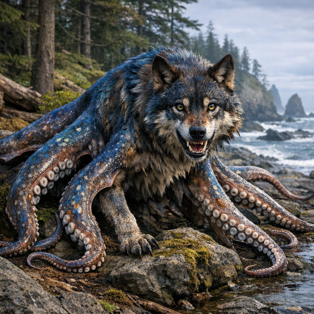 Squolf, an AI-generated hybrid of Squid and Wolf