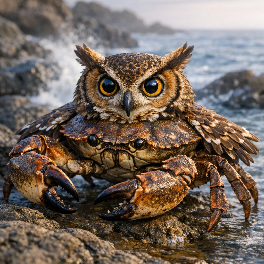 Owlcrab, an AI-generated hybrid of Owl and Crab