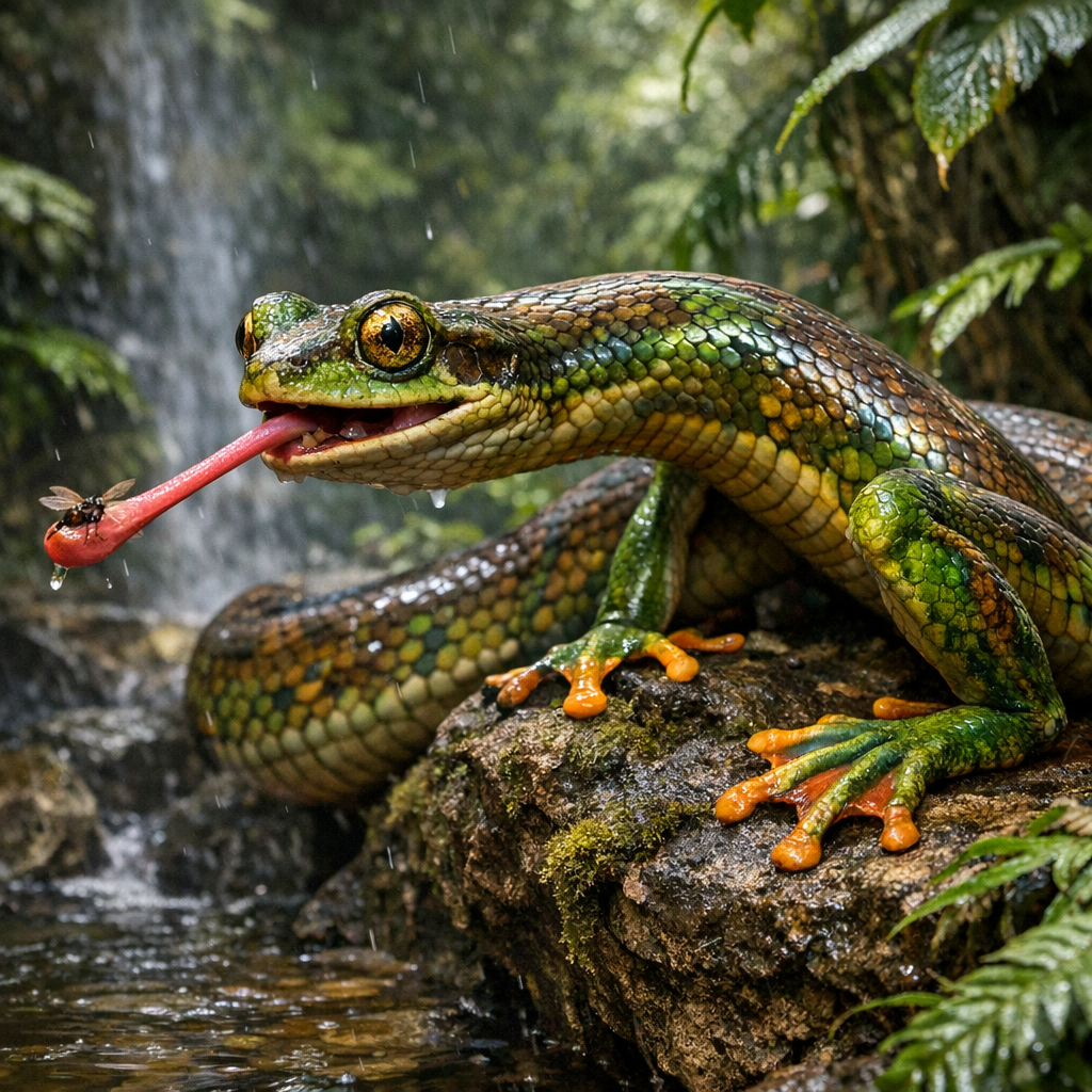 Serpofrog, an AI-generated hybrid of Snake and Frog