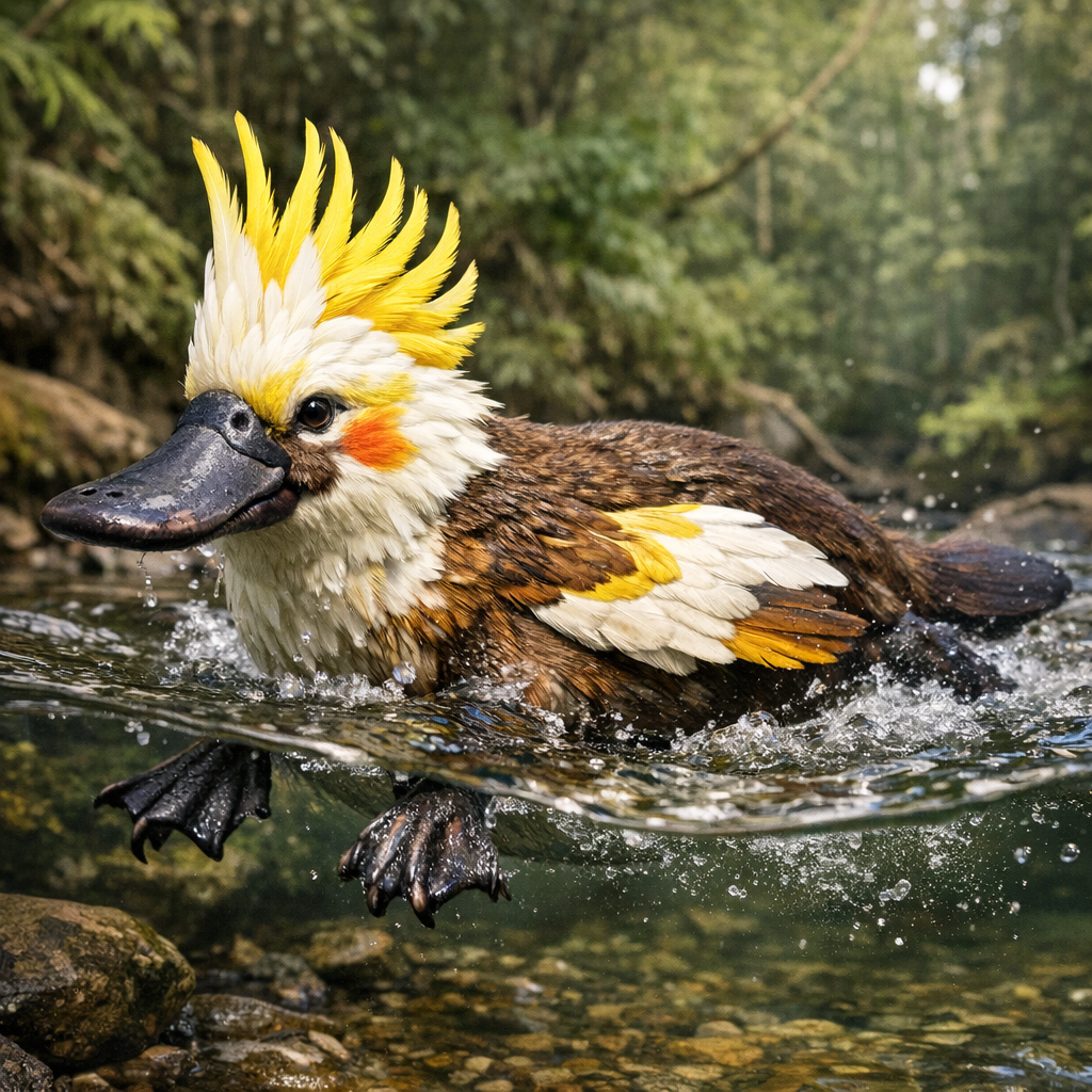 Platocock, an AI-generated hybrid of Platypus and Cockatoo