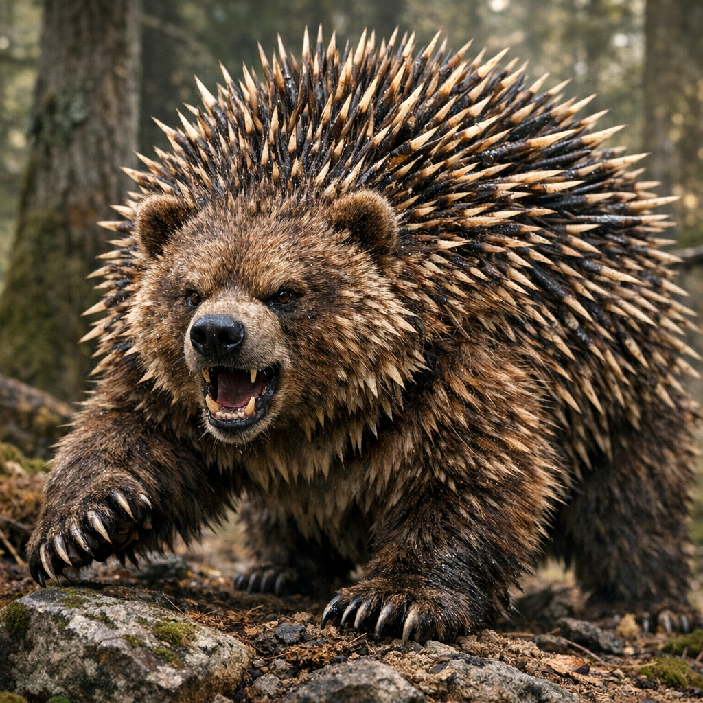 Hedgebear, an AI-generated hybrid of Bear and Hedgehog