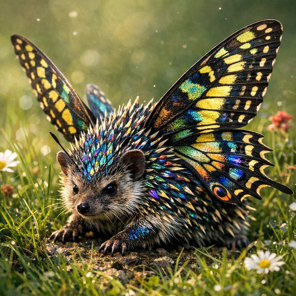 Hedgebutter, an AI-generated hybrid of Hedgehog and Butterfly