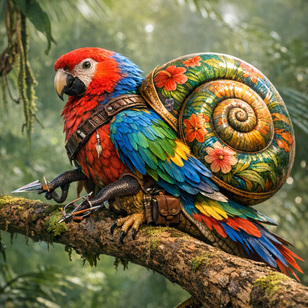 Snarro, an AI-generated hybrid of Snail and Parrot
