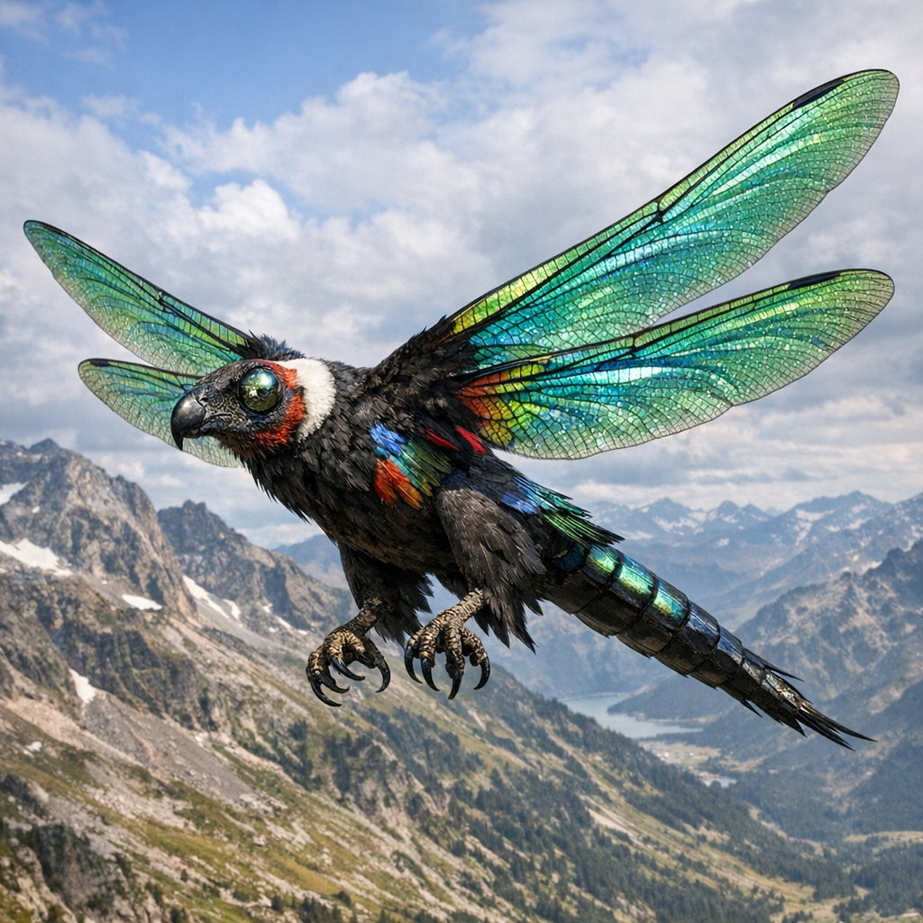 Dragoncondor, an AI-generated hybrid of Dragonfly and Condor