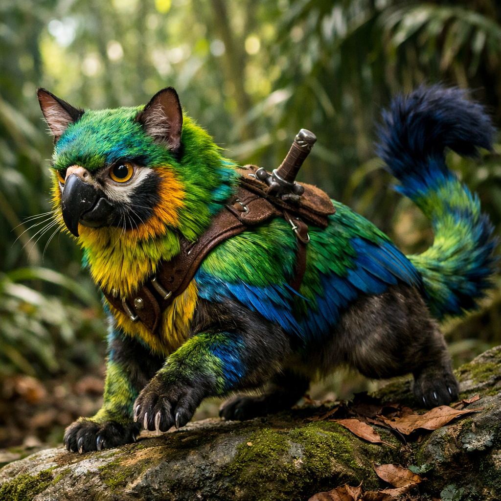 Parrocat, an AI-generated hybrid of Parrot and Cat