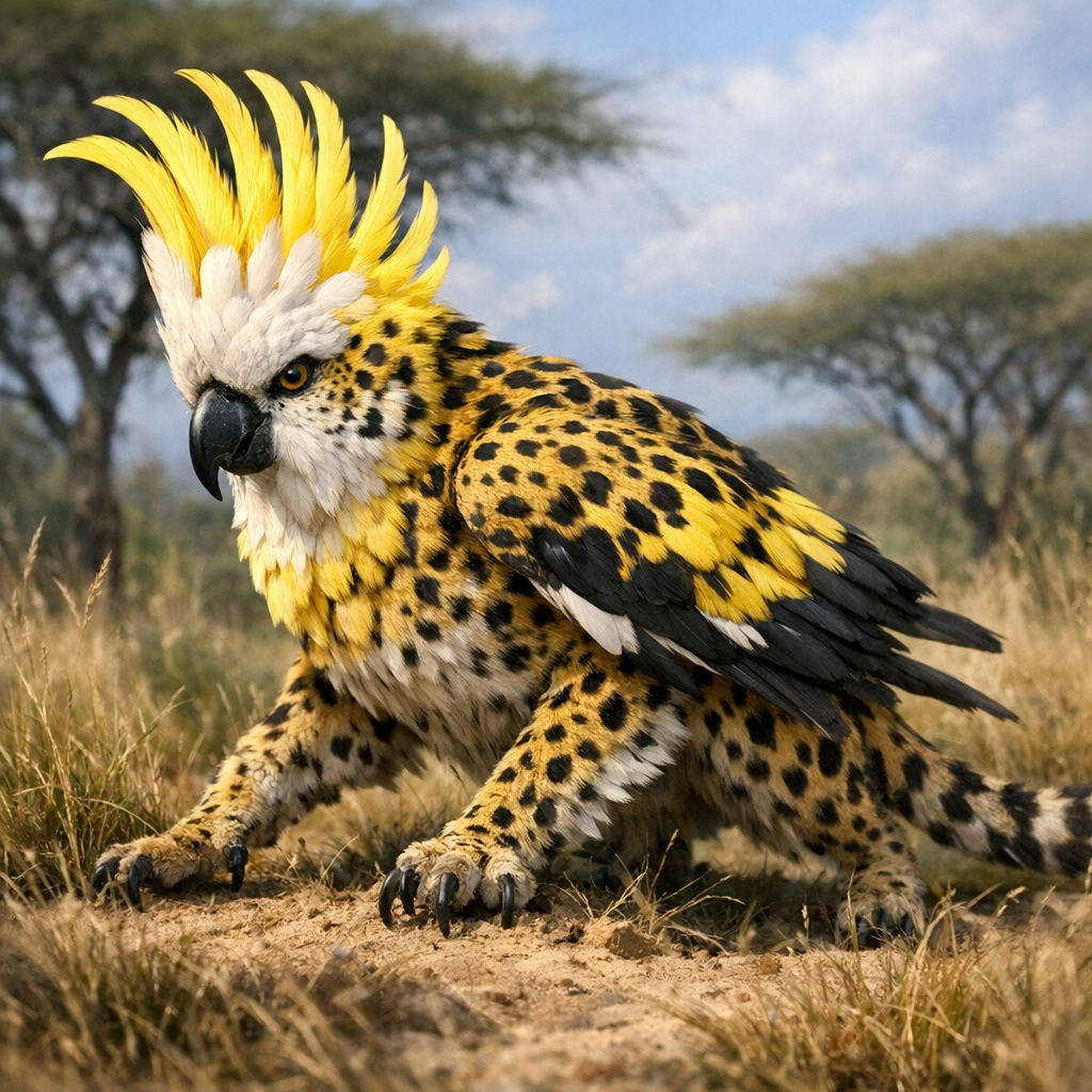 Cheetoos, an AI-generated hybrid of Cockatoo and Cheetah