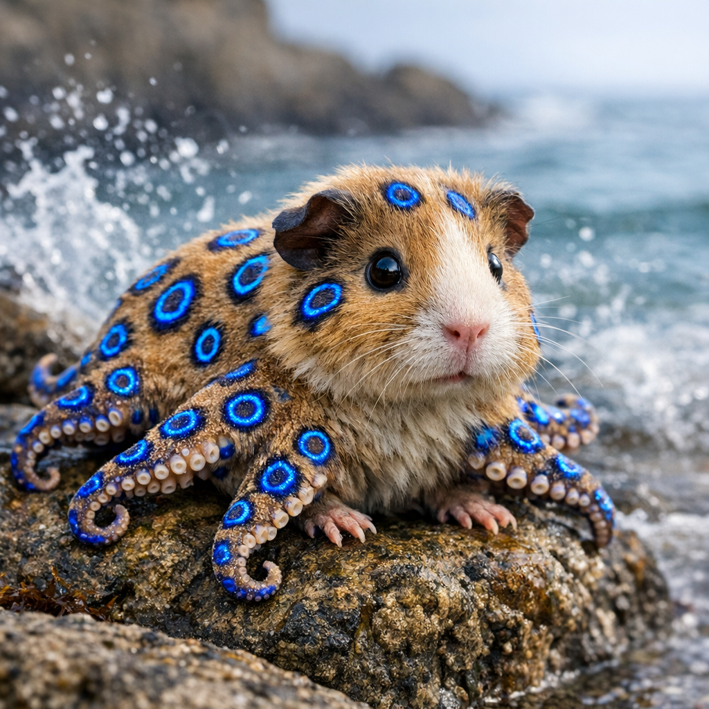 OctoCavy, an AI-generated hybrid of blue ring octopus and Guinea Pig