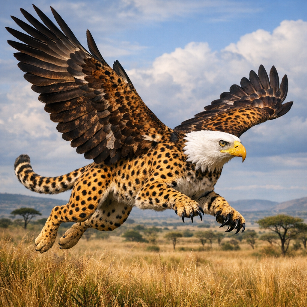Cheetagle, an AI-generated hybrid of Cheetah and Bald Eagle