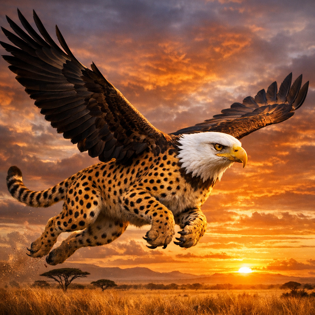 Cheetahgle, an AI-generated hybrid of Cheetah and Bald Eagle