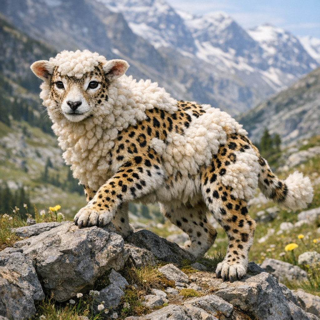 Leepshe, an AI-generated hybrid of Leopard and Sheep