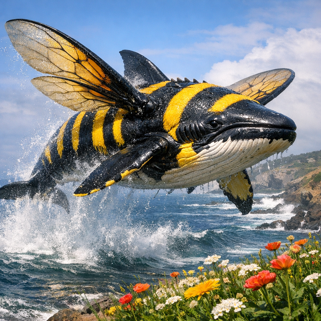 Bumblewhale, an AI-generated hybrid of Bumblebee and Whale