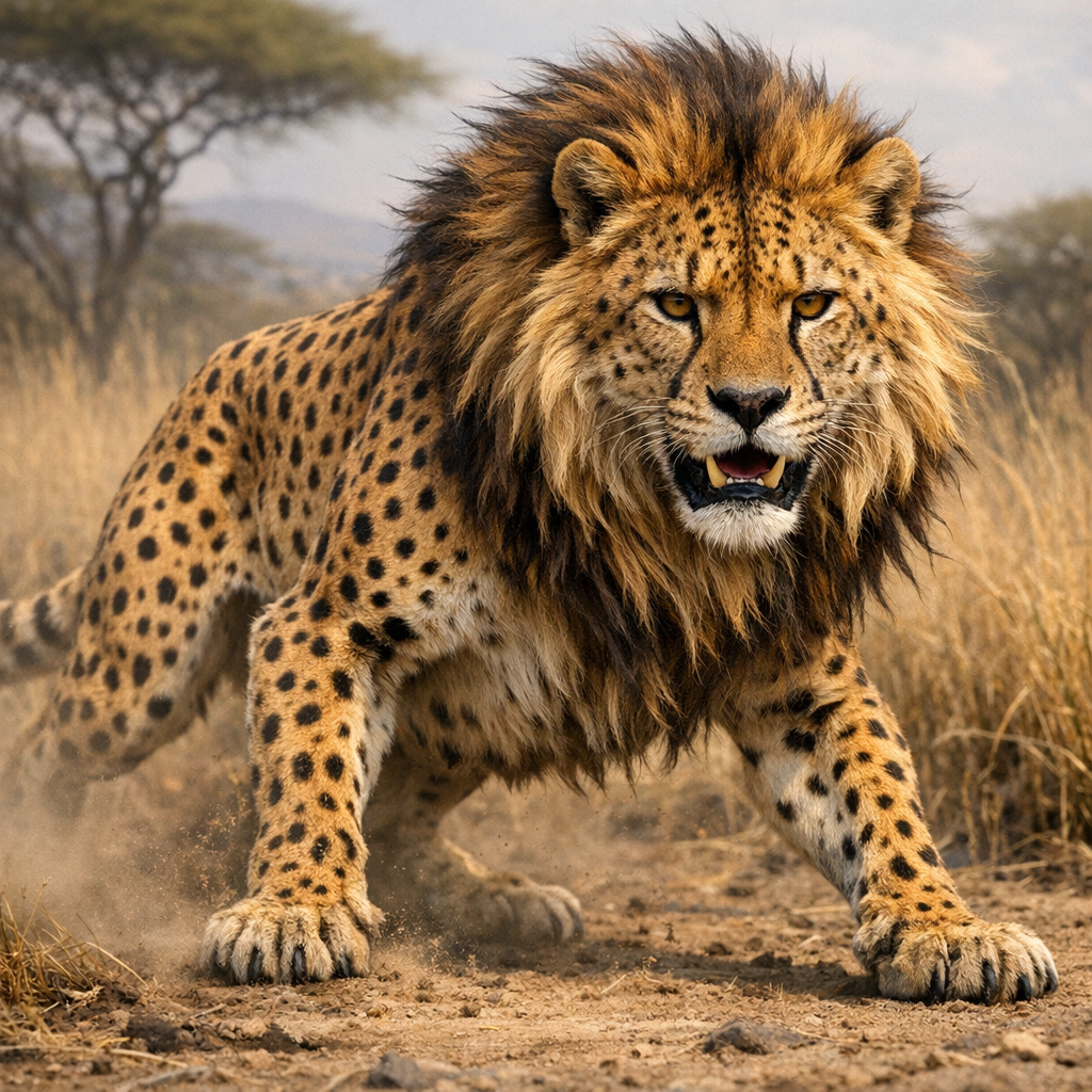 Cheetahion, an AI-generated hybrid of Cheetah and Lion