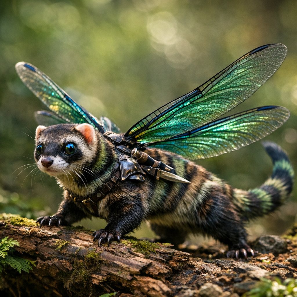 Dracofret, an AI-generated hybrid of Dragonfly and Ferret