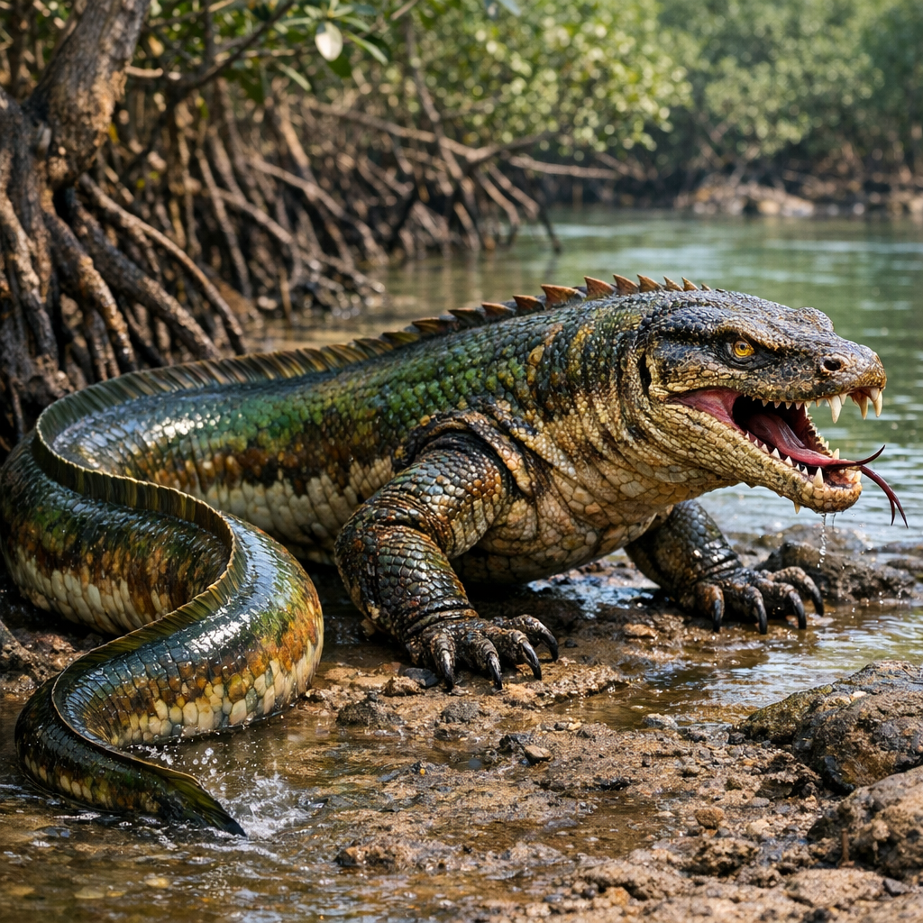 Eelodo Dragon, an AI-generated hybrid of Eel and Komodo Dragon