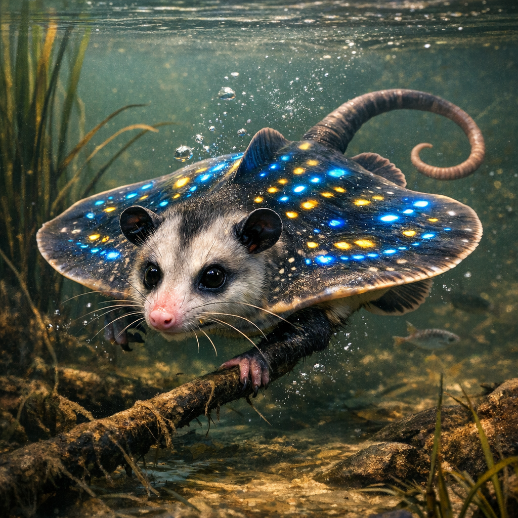 Electropossum, an AI-generated hybrid of Opossum and Electric Ray