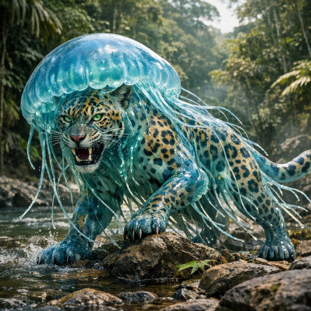 Jellyguar, an AI-generated hybrid of Jellyfish and Jaguar
