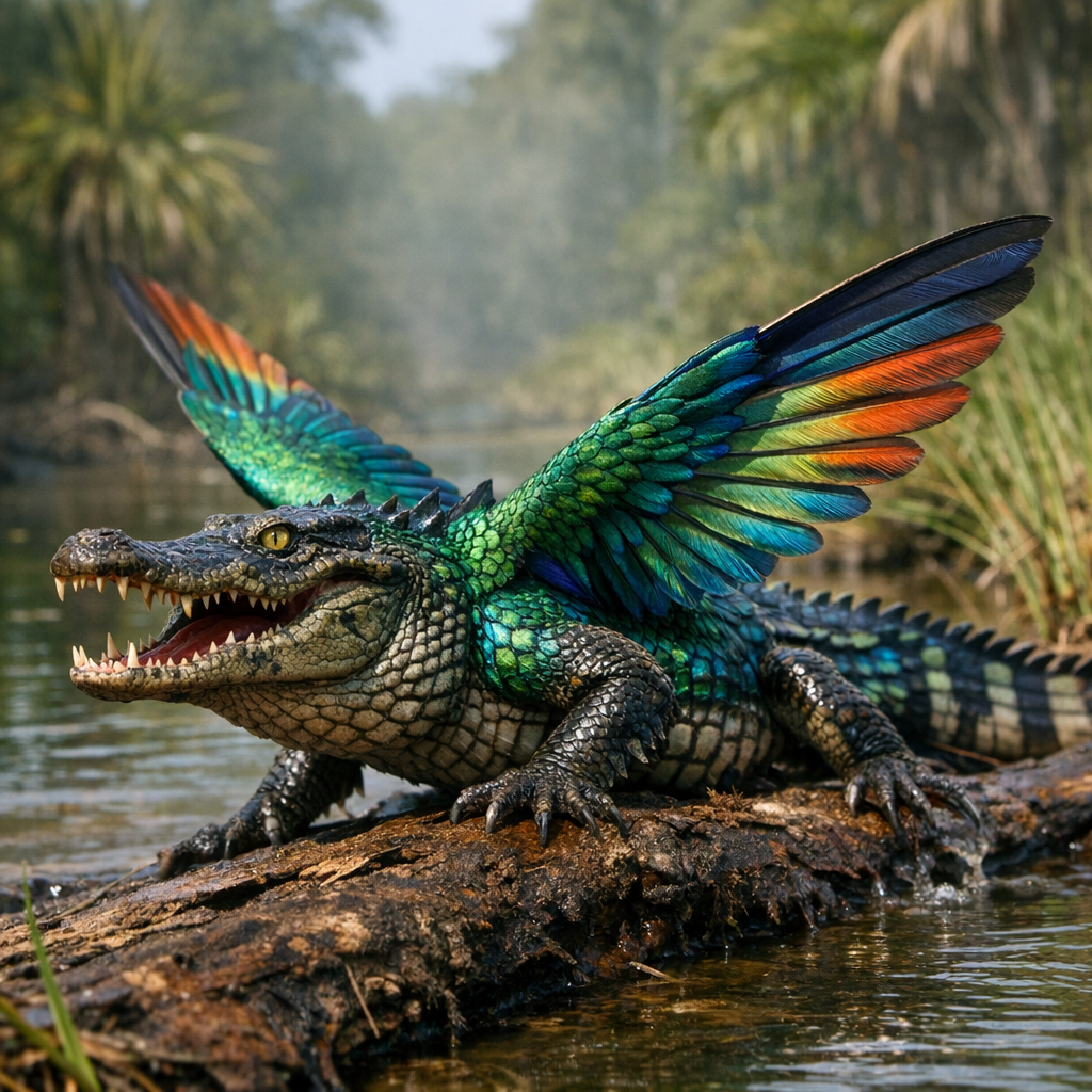 Crocodibird, an AI-generated hybrid of Crocodile and Hummingbird