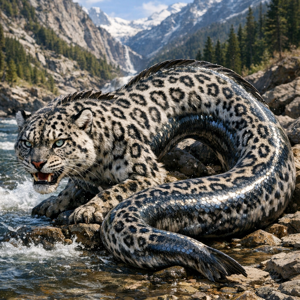Eelopard, an AI-generated hybrid of Eel and snow leopard