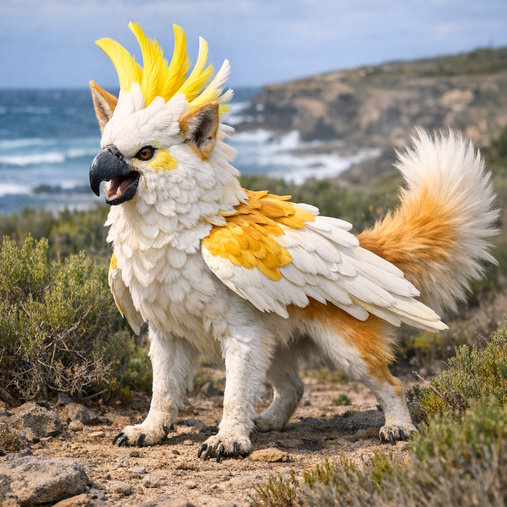 Cockadino, an AI-generated hybrid of Cockatoo and Dingo