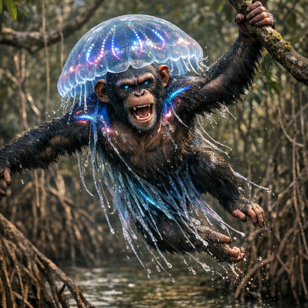 Jelchimp, an AI-generated hybrid of Jellyfish and Chimpanzee