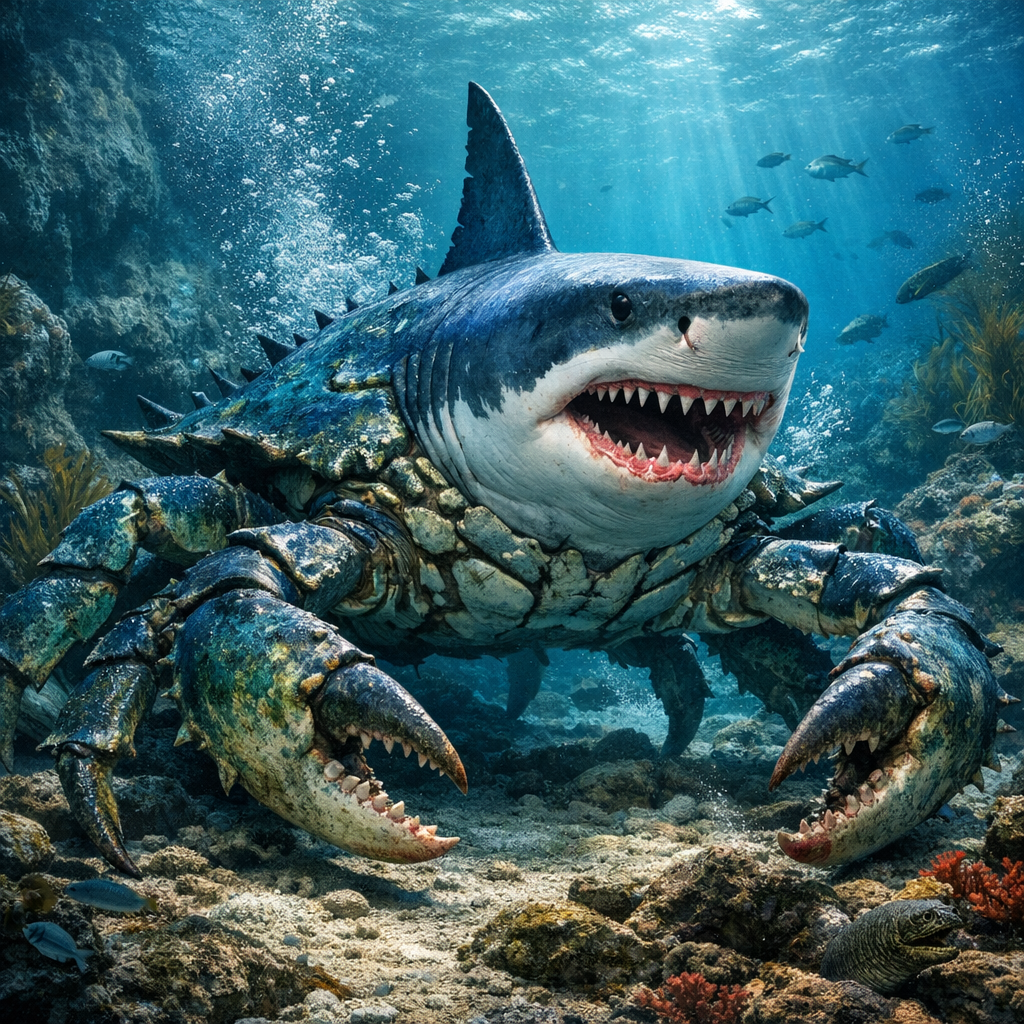 Crabshark, an AI-generated hybrid of Crab and great white shark