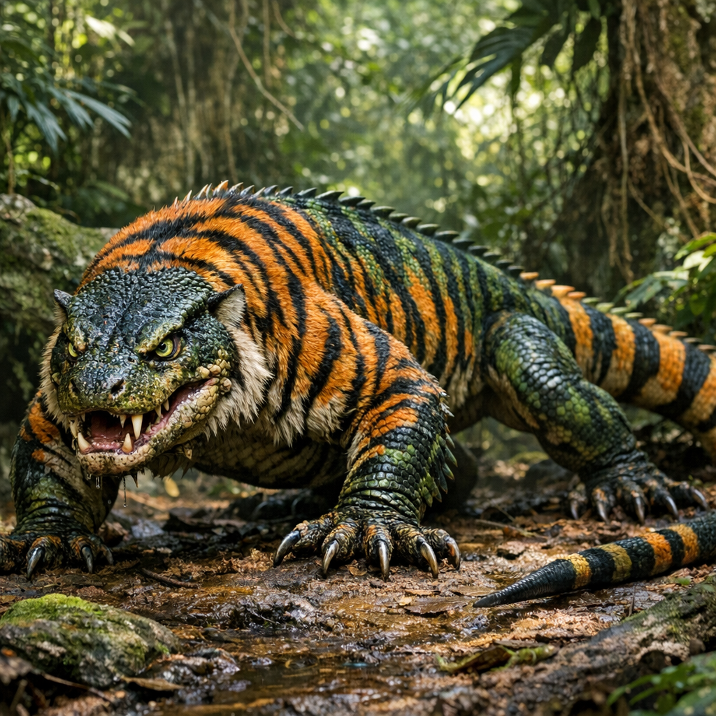 Komotiger, an AI-generated hybrid of Komodo Dragon and Tiger