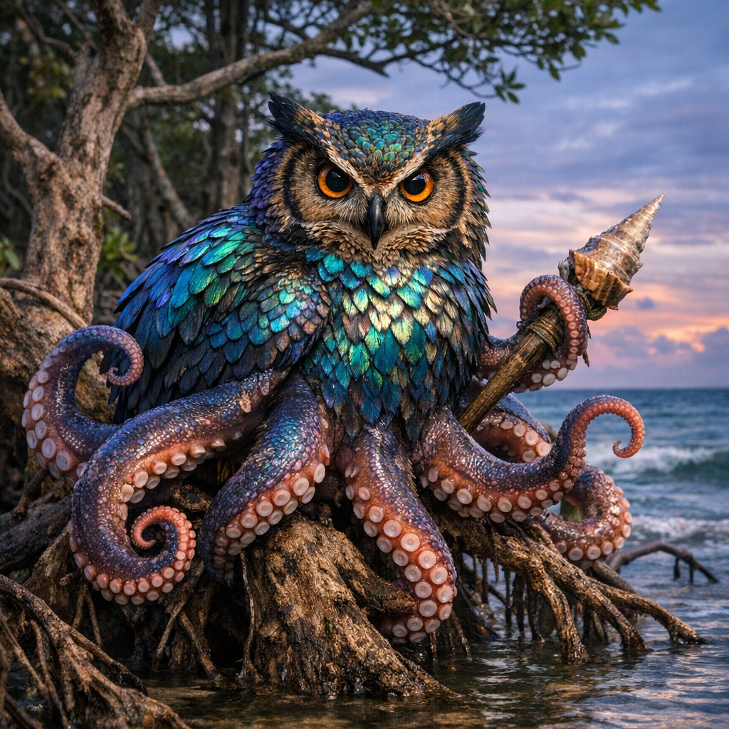 Octowl, an AI-generated hybrid of Octopus and Owl