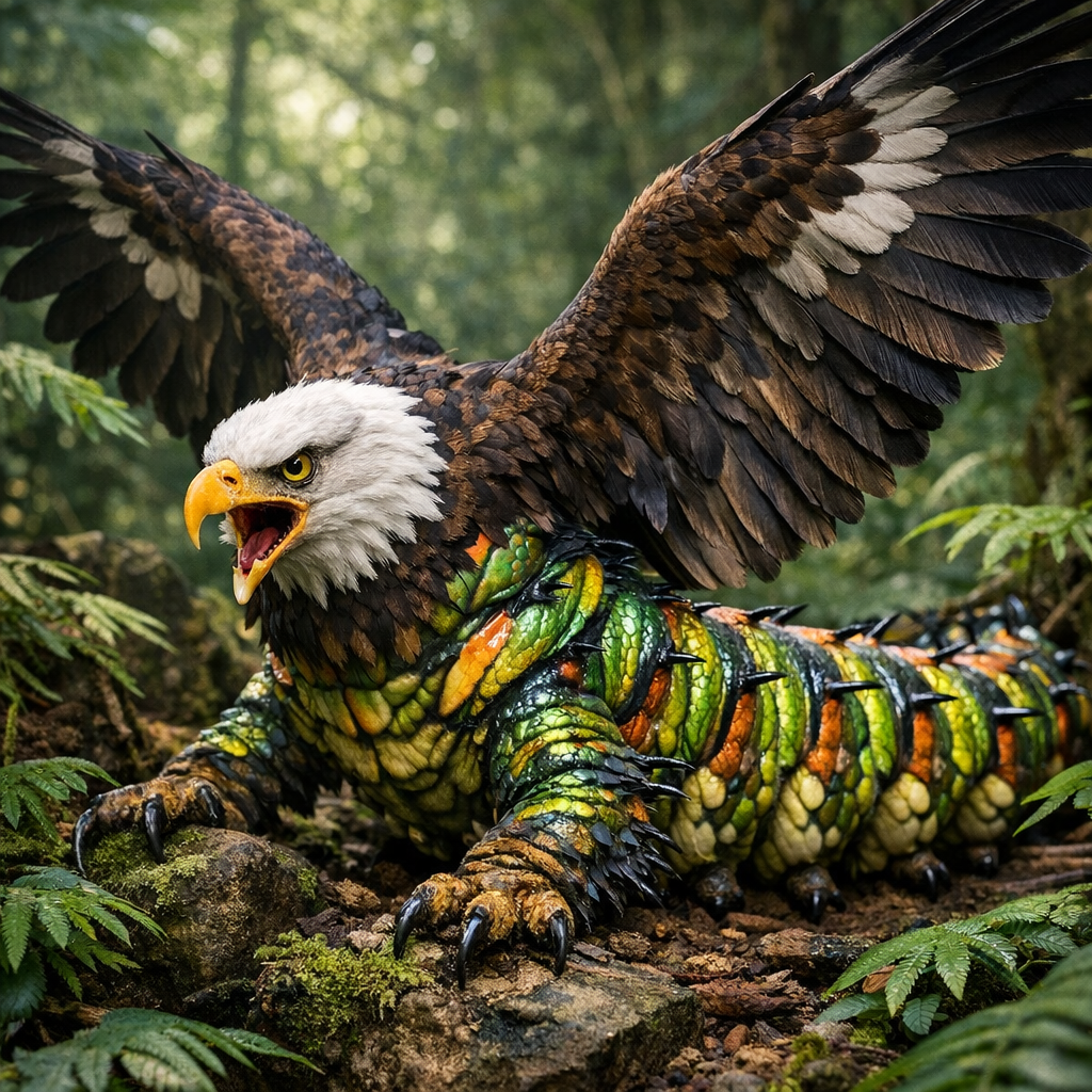 Catergale, an AI-generated hybrid of Caterpillar and Bald Eagle