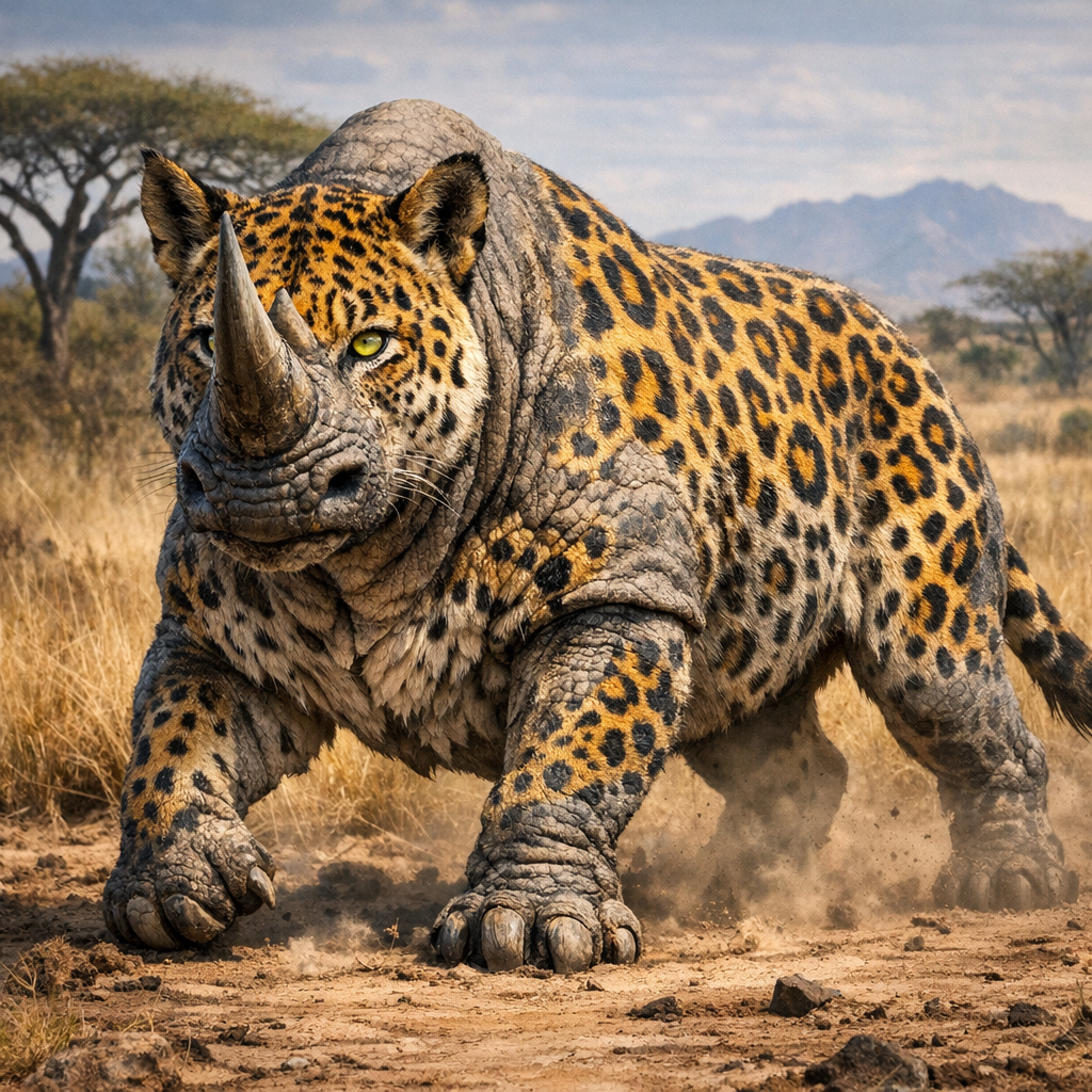 LeophoRhinox, an AI-generated hybrid of Leopard and Rhinoceros