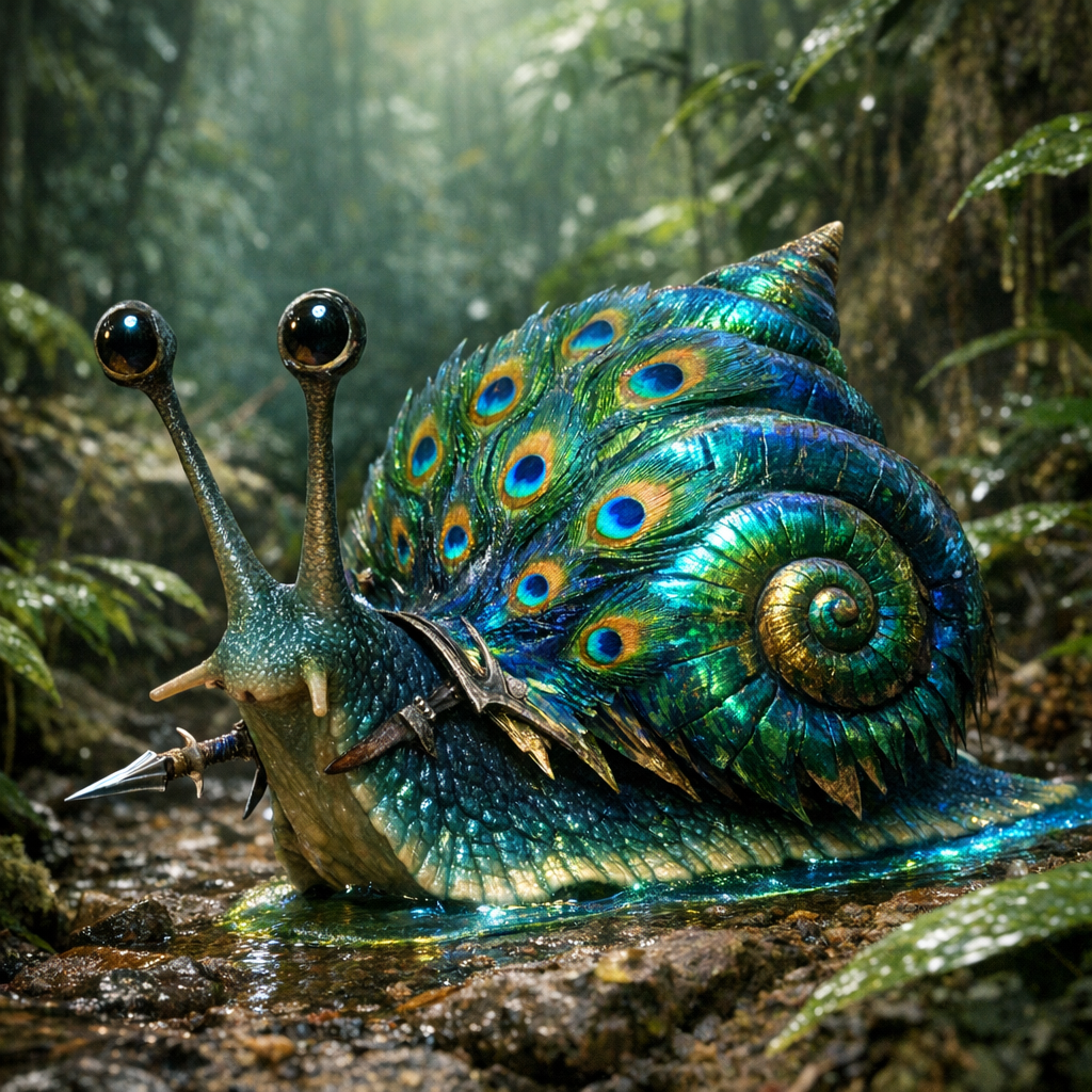 Peacnail, an AI-generated hybrid of Snail and Peacock