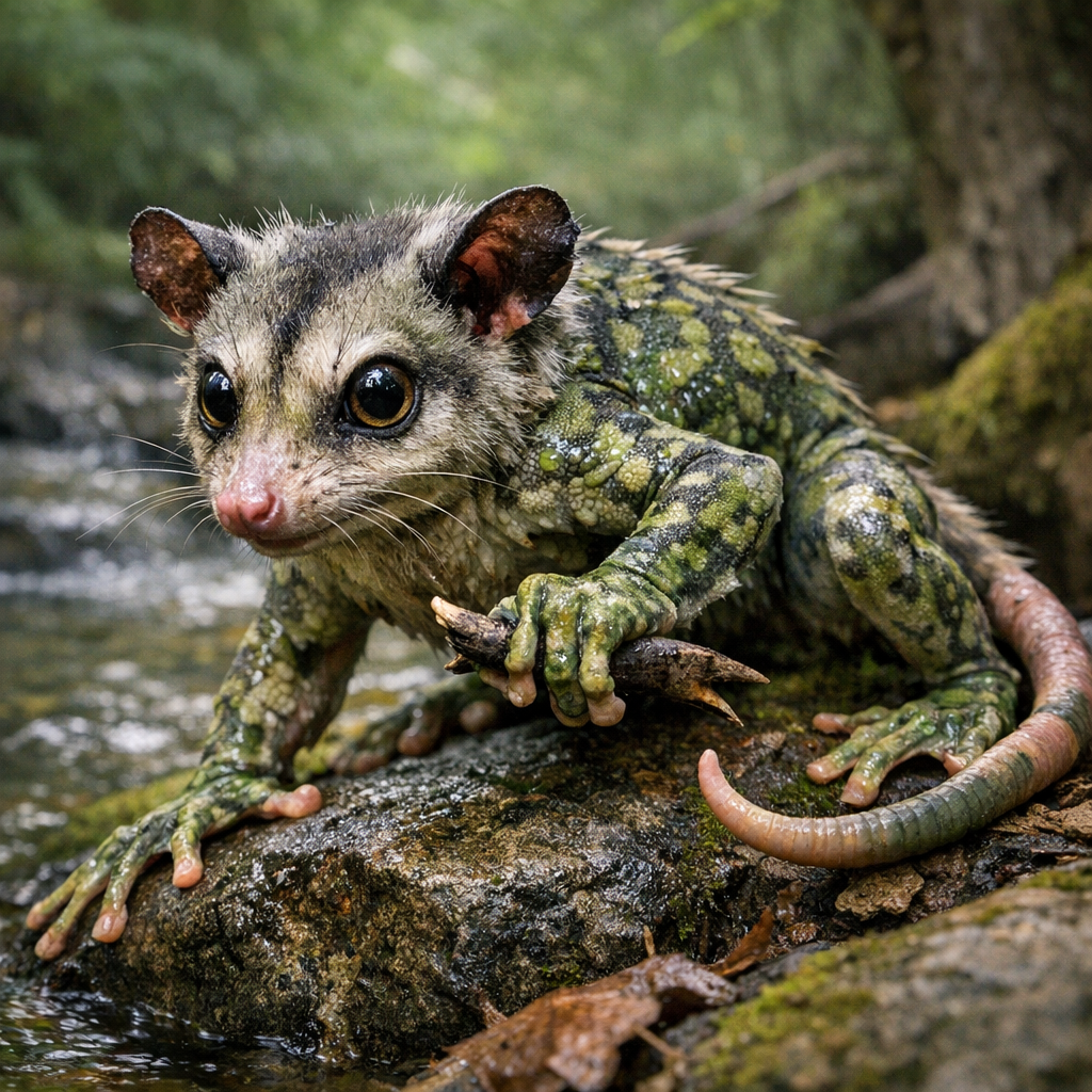 Frogpossum, an AI-generated hybrid of Frog and Opossum