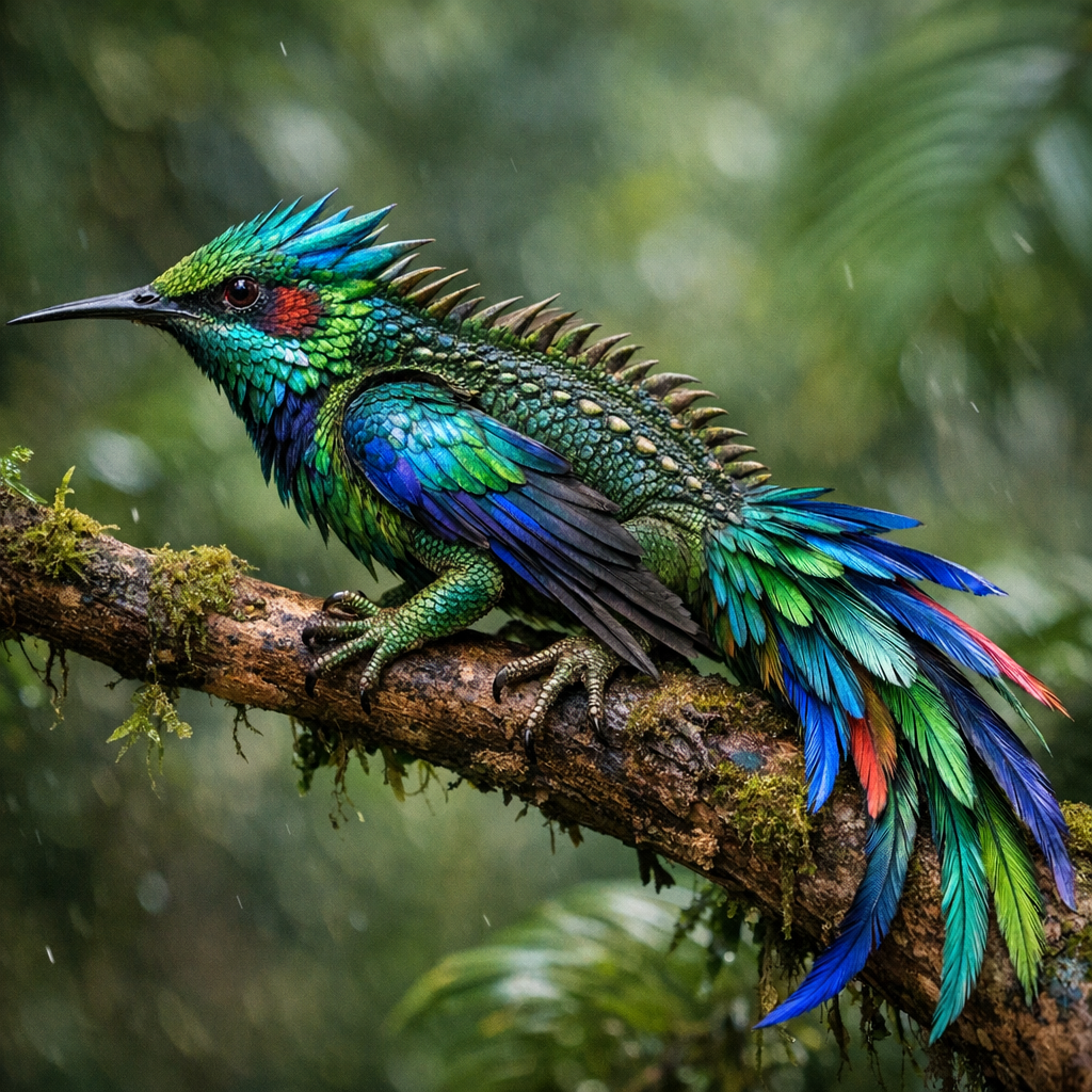 Hummiguan, an AI-generated hybrid of Hummingbird and Iguana