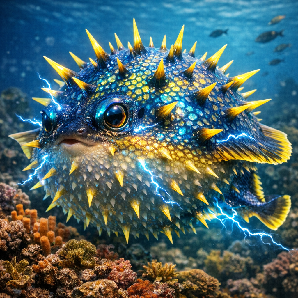 ElectroPuff, an AI-generated hybrid of Electric Ray and Puffer Fish