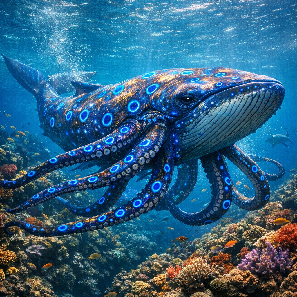 Cephalowhale, an AI-generated hybrid of blue ring octopus and Whale