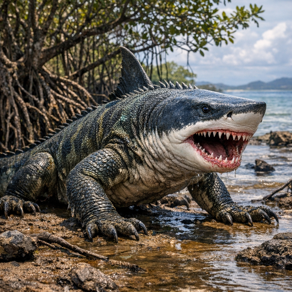 Komodoshark, an AI-generated hybrid of Komodo Dragon and great white shark