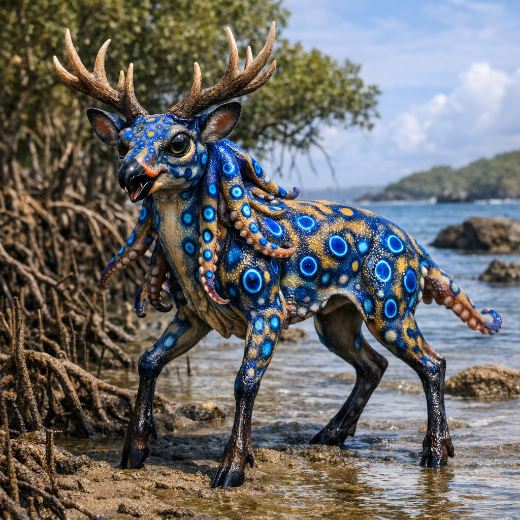 Octodeer, an AI-generated hybrid of blue ring octopus and Deer