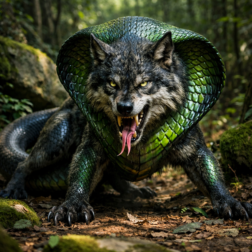 Wolbra, an AI-generated hybrid of Wolf and Cobra