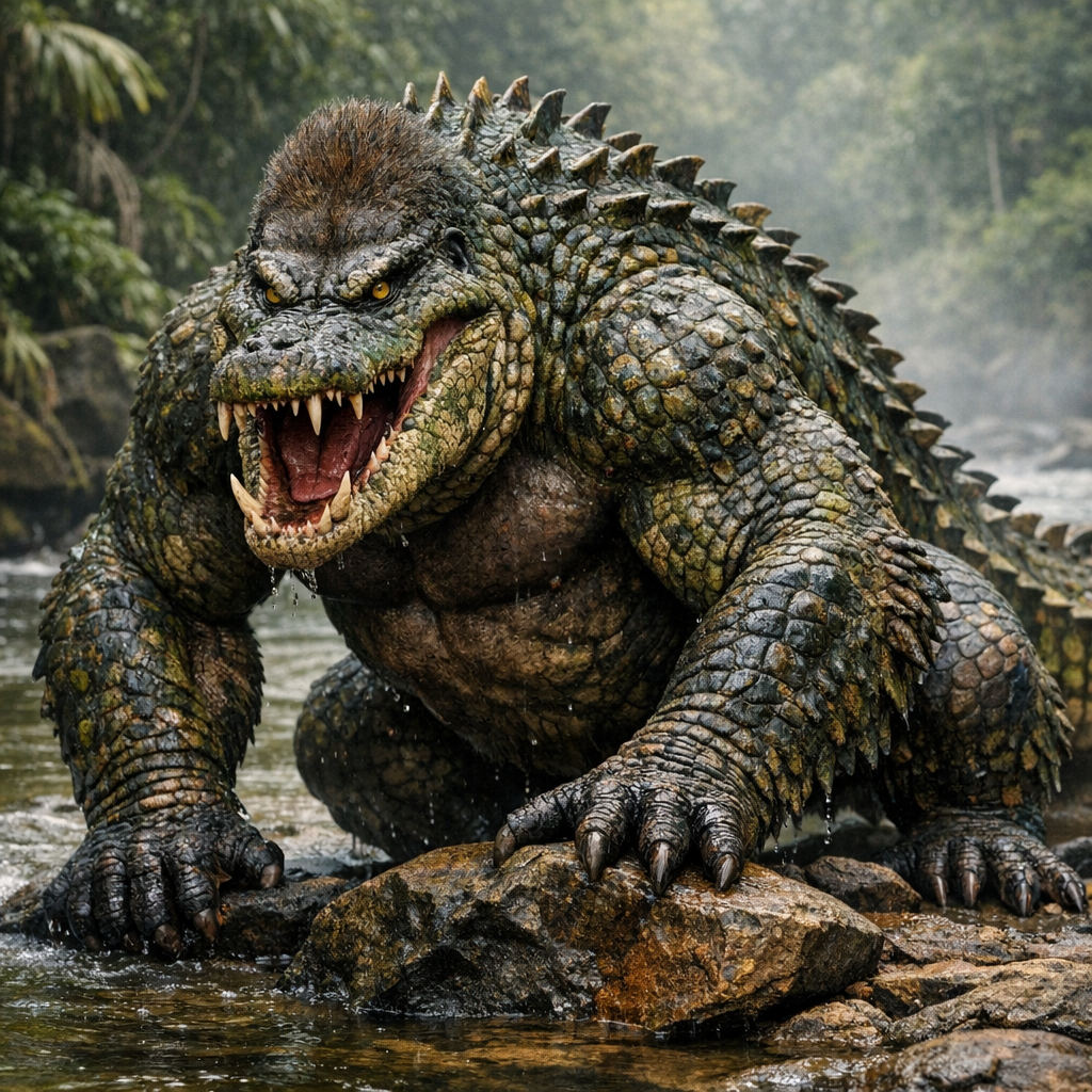 Gorocroc, an AI-generated hybrid of Gorilla and Crocodile