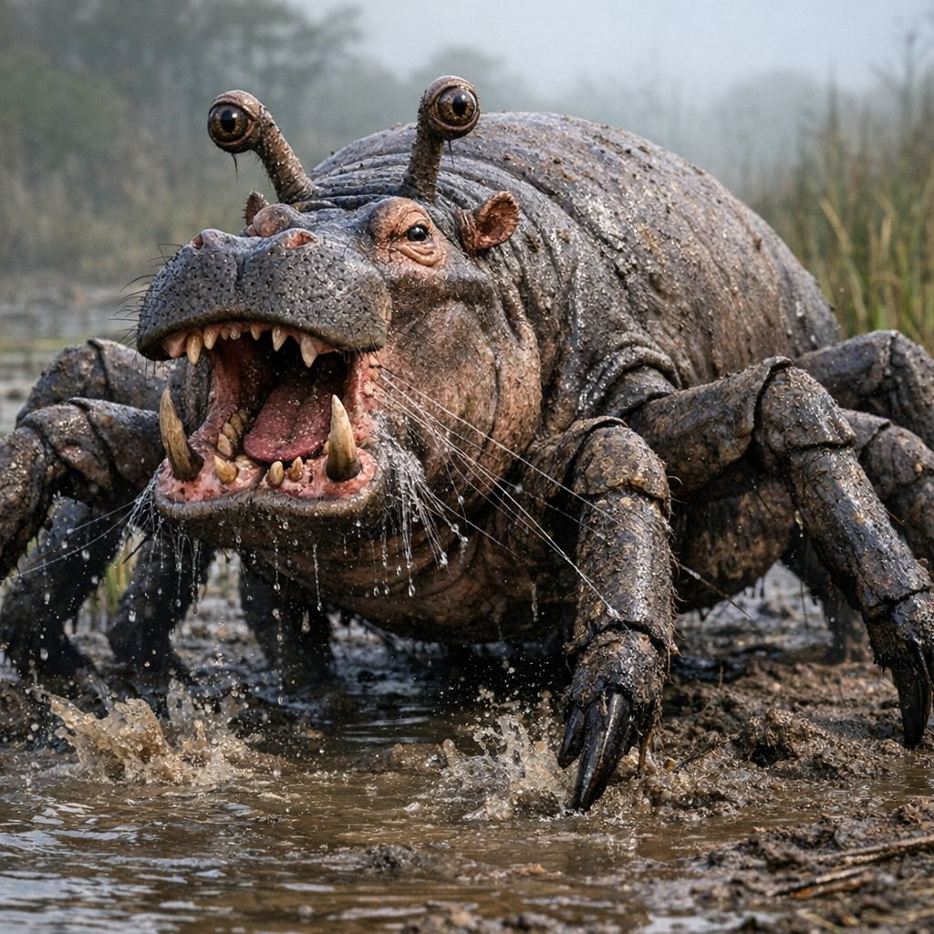 Hippopodae, an AI-generated hybrid of Hippopotamus and Spider