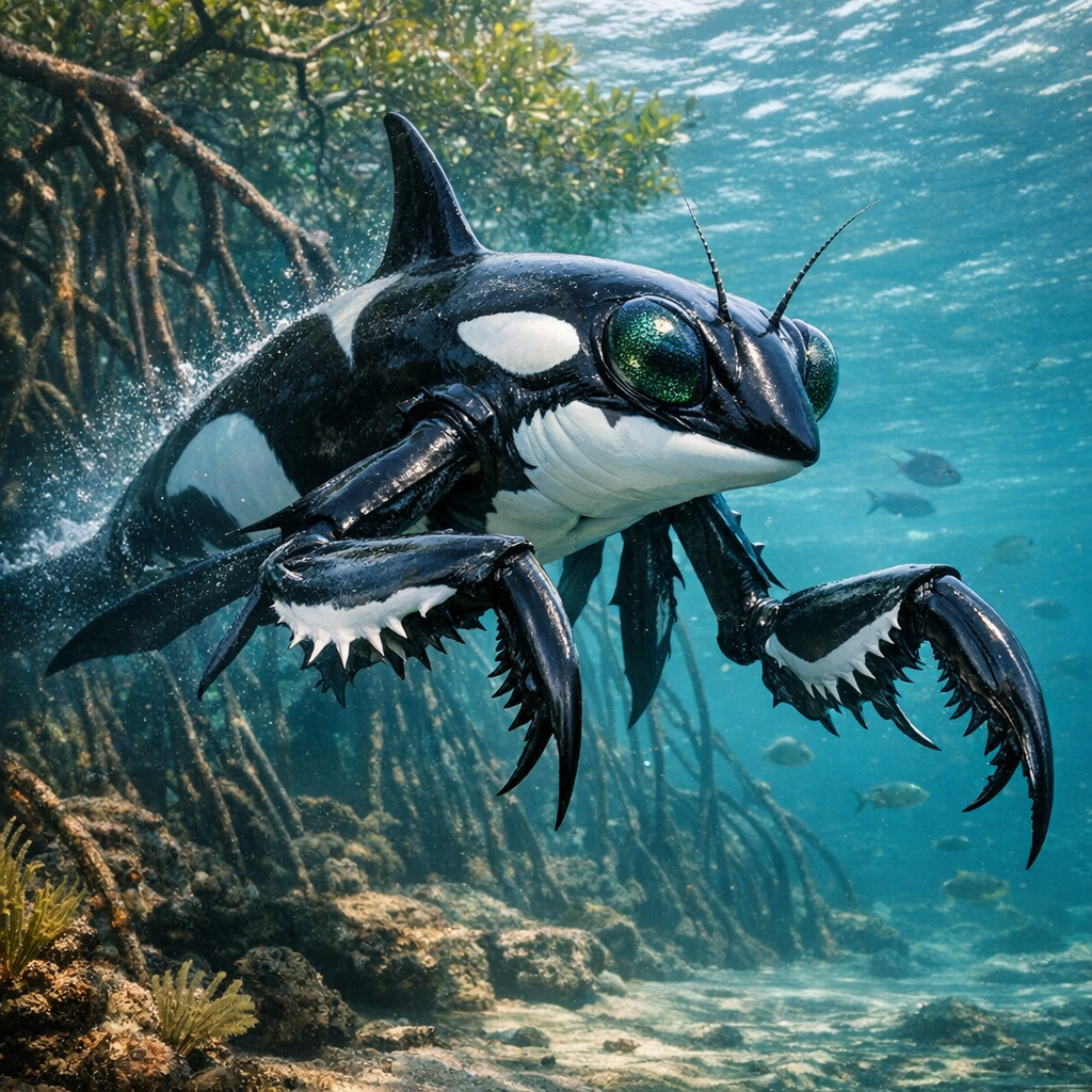 Orcantis, an AI-generated hybrid of orca and Mantis