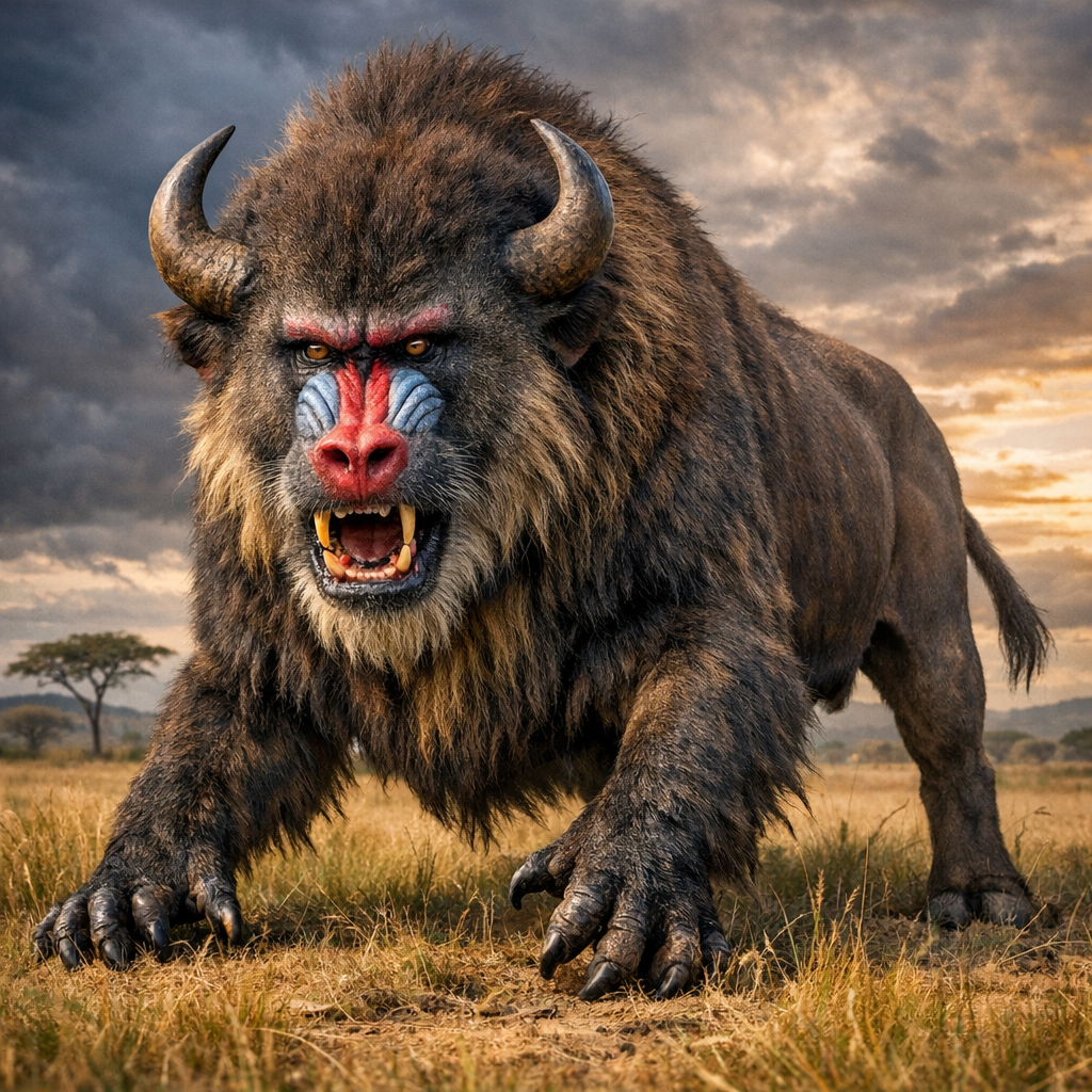 Bisonbaboona, an AI-generated hybrid of Bison and Baboon
