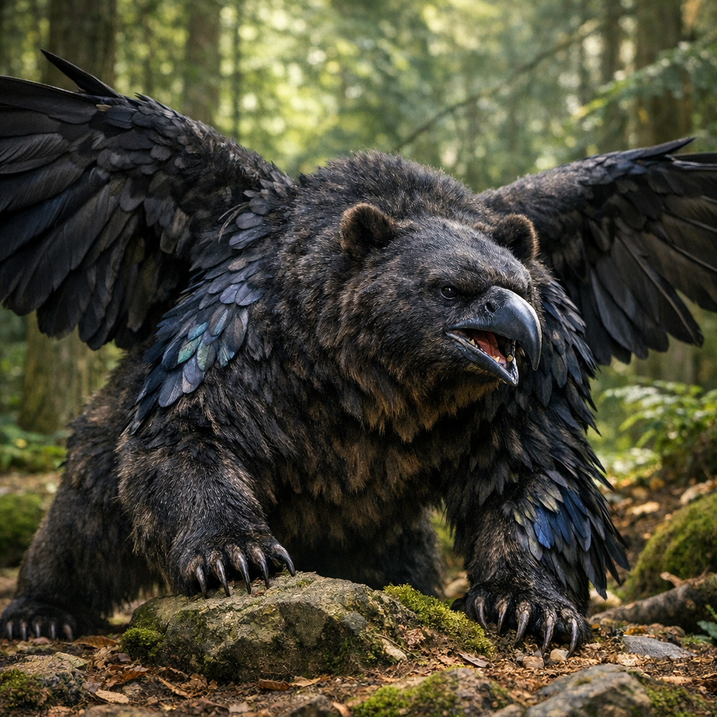 Corbearus, an AI-generated hybrid of Bear and Crow